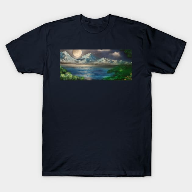 Moon Mountain Lake at night T-Shirt by Edwardtiptonart